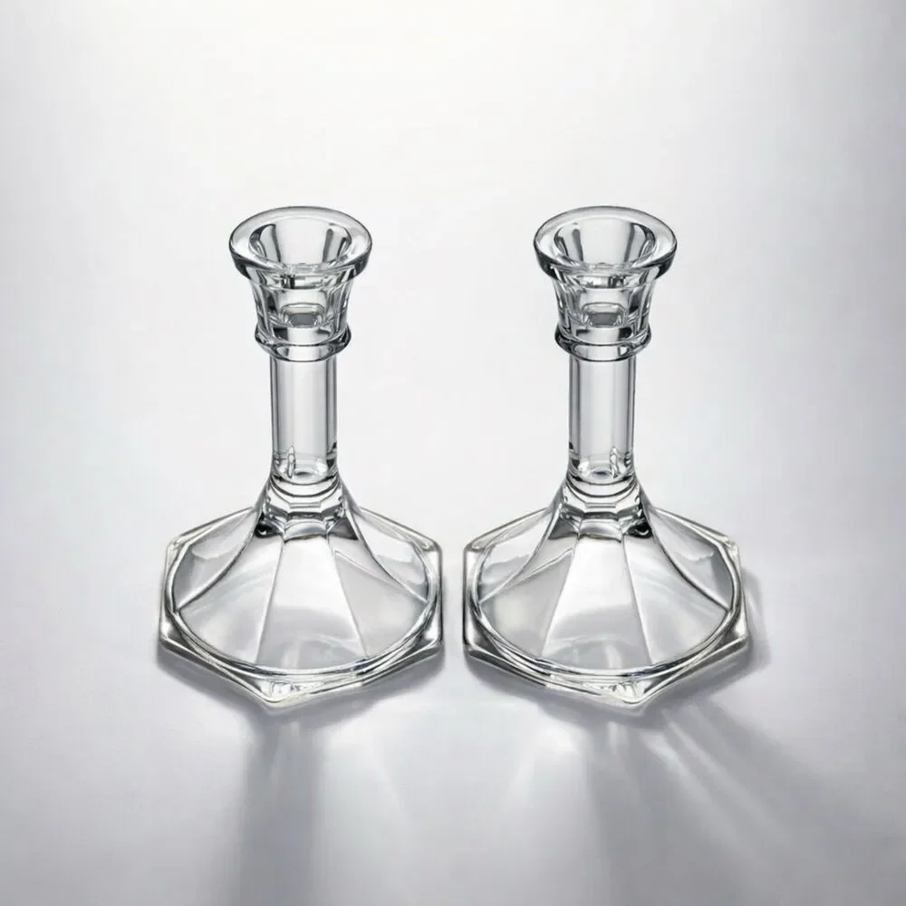 Pair of Mid Century Homco Clear Ribbed Glass Taper Candle Holders‎ Hexagonal
